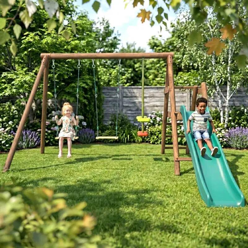 Portique en bois rond 3 agrès avec face à face et toboggan bas FIGUE 3/5