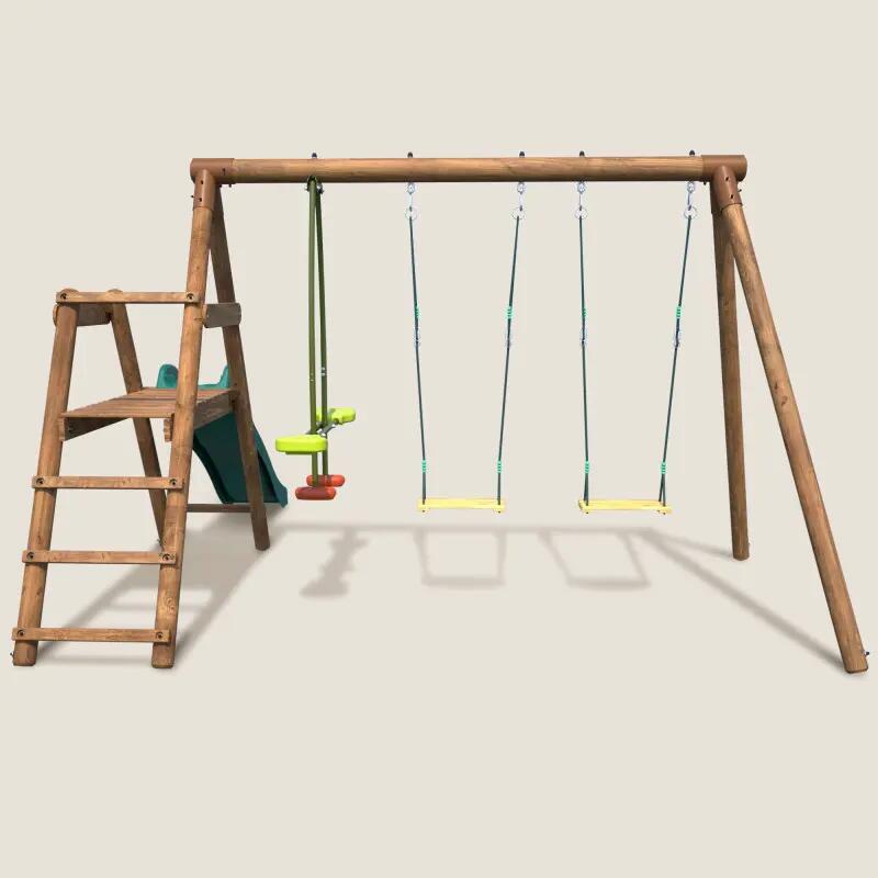 Portique en bois rond 3 agrès avec face à face et toboggan bas FIGUE 2/5
