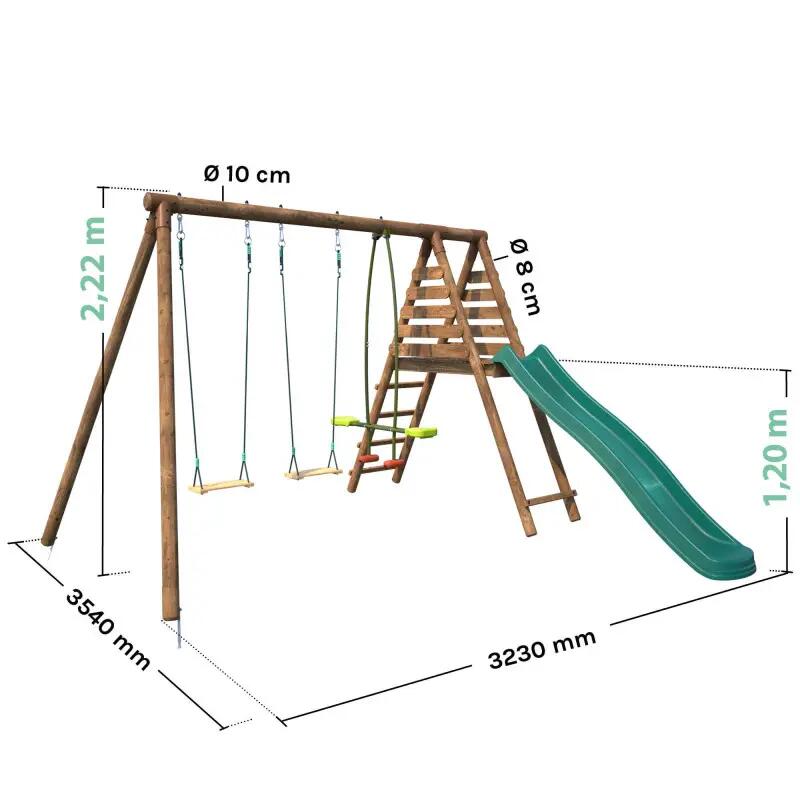 Portique en bois rond 3 agrès avec face à face et toboggan VIOLETTE 4/5