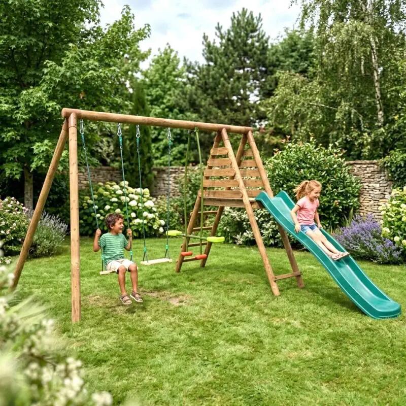 Portique en bois rond 3 agrès avec face à face et toboggan VIOLETTE 3/5