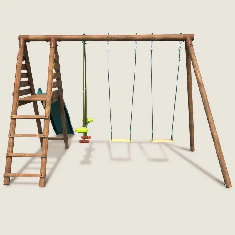 Portique en bois rond 3 agrès avec face à face et toboggan VIOLETTE 2/5