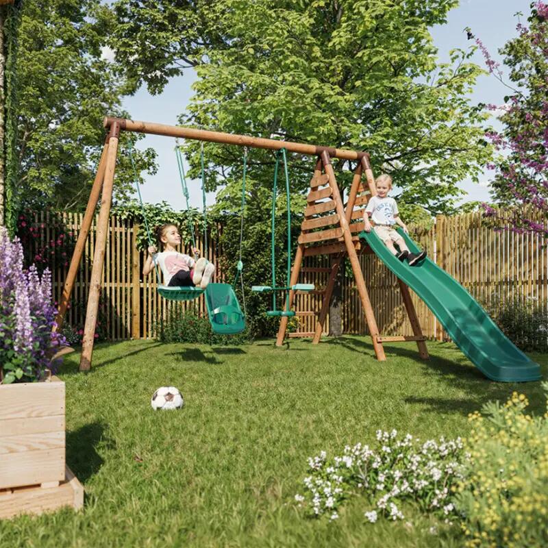 Balançoire en bois traité 3 agrès et toboggan Tulipe 3/5