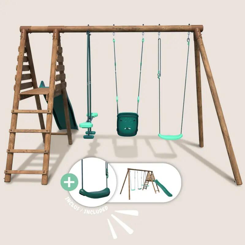 Balançoire en bois traité 3 agrès et toboggan Tulipe 2/5
