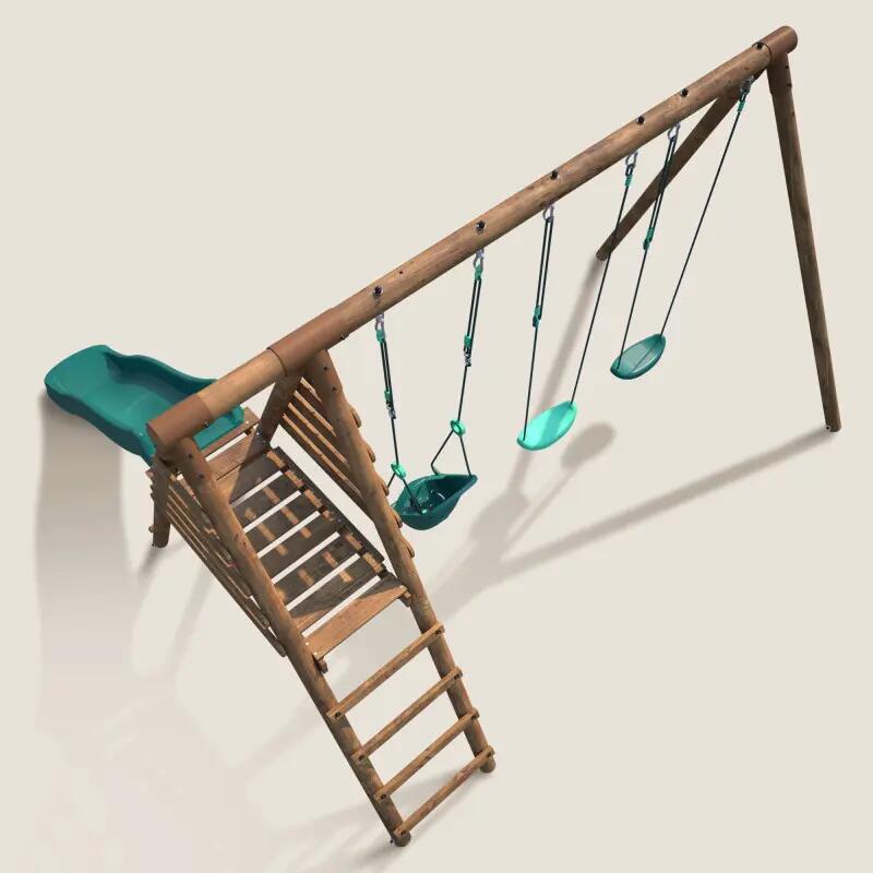 Portique bois rond 3 agrès avec toboggan ANKARA 5/5