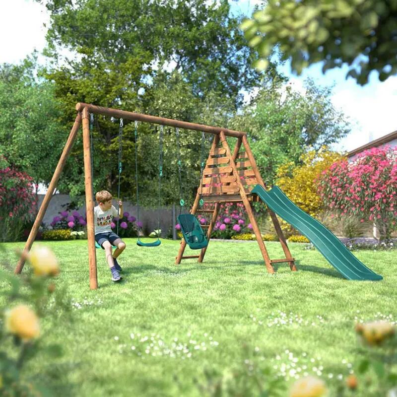 Portique bois rond 3 agrès avec toboggan ANKARA 3/5