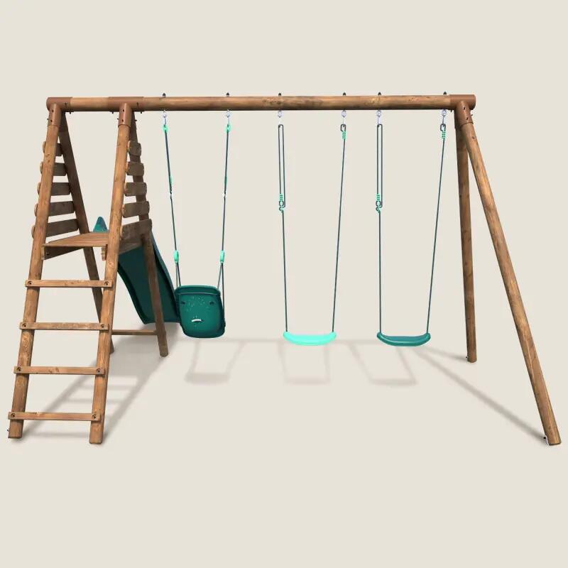 Portique bois rond 3 agrès avec toboggan ANKARA 2/5