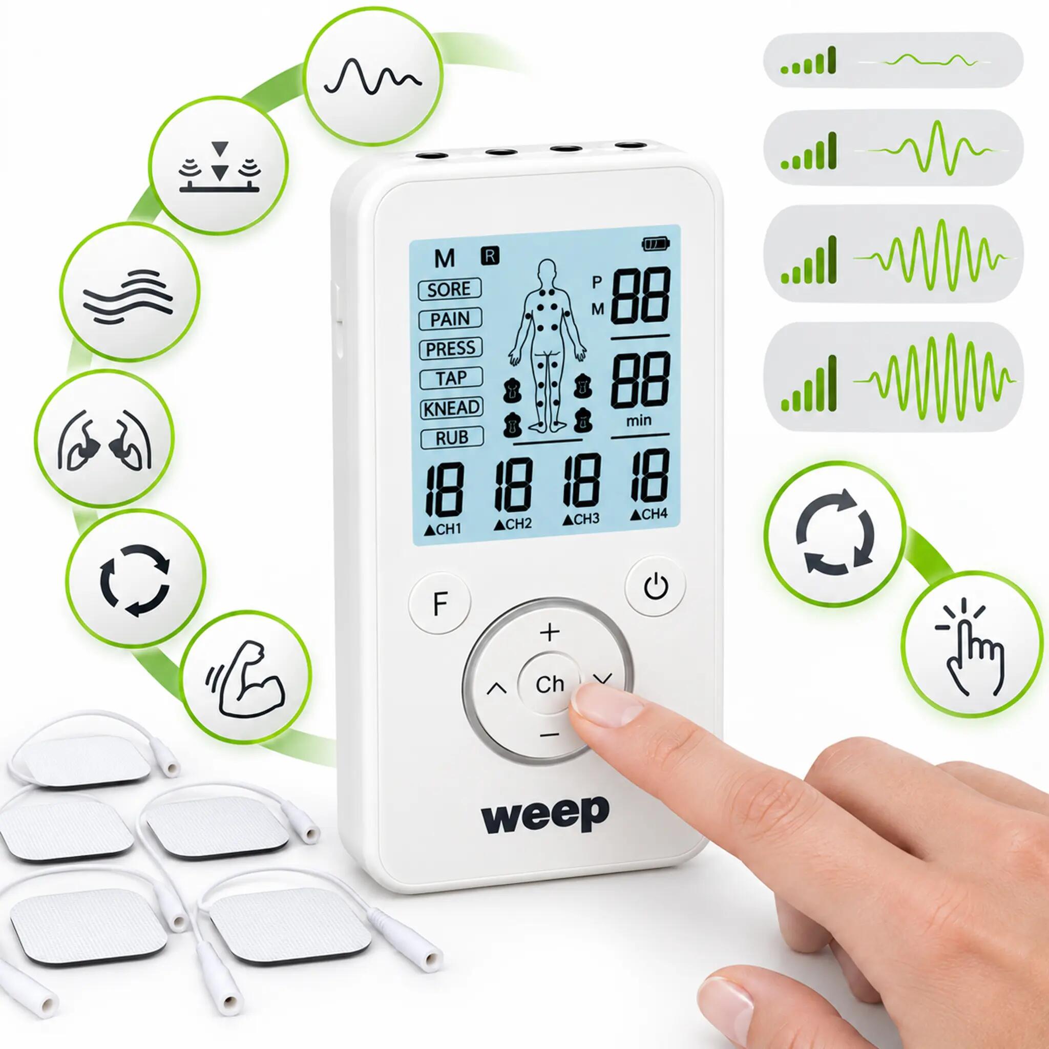 WEEP Muskelstimulator Massagegerät TENS EMS Reizstrom mit 8 Elektroden 3/13