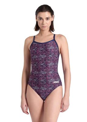 Arena damesbadpak met abstracte tegels en lichte open rug - marineblauw / rood
