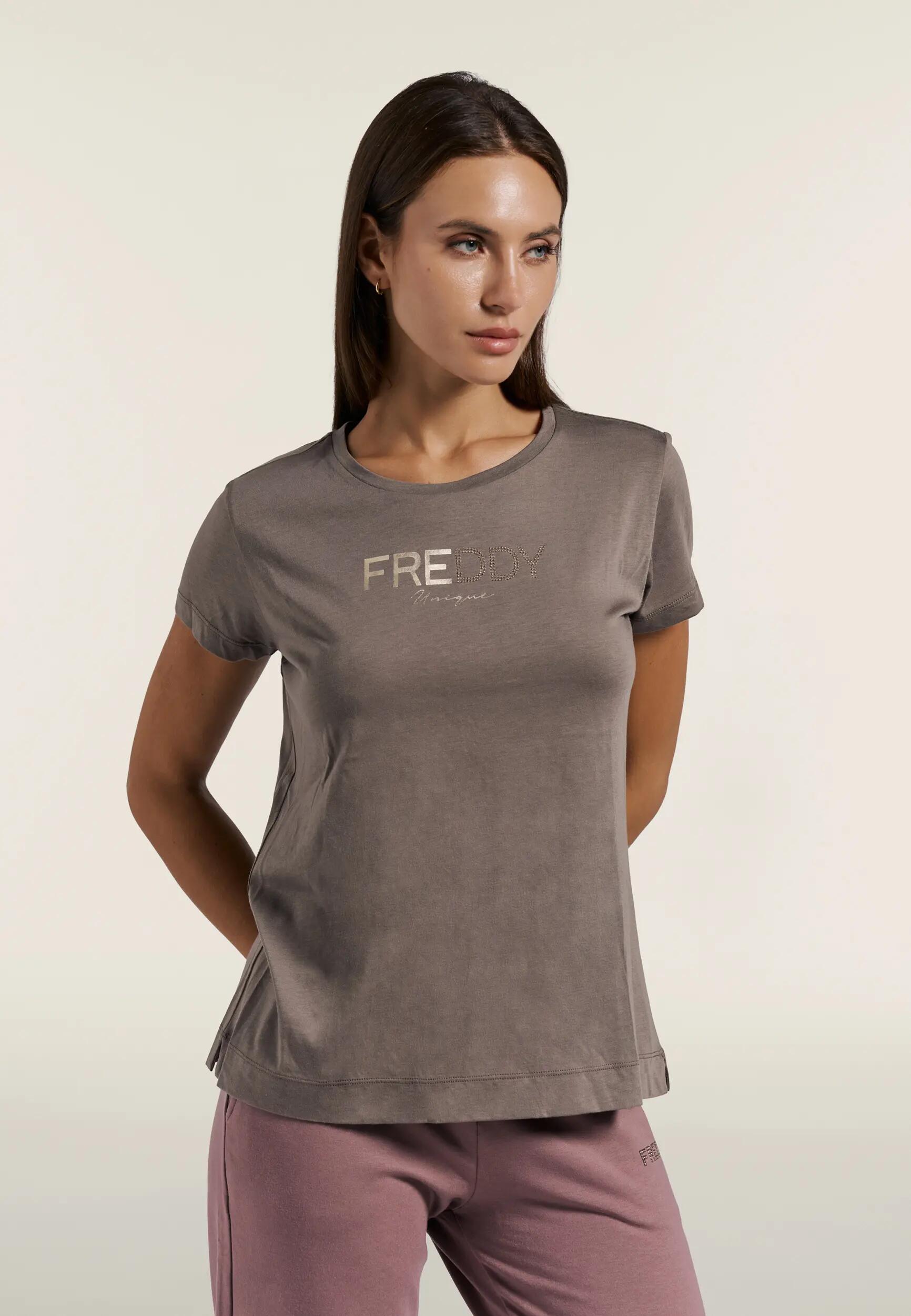 Regular dames T-shirt met goudkleurige logoprint en studs 2/6