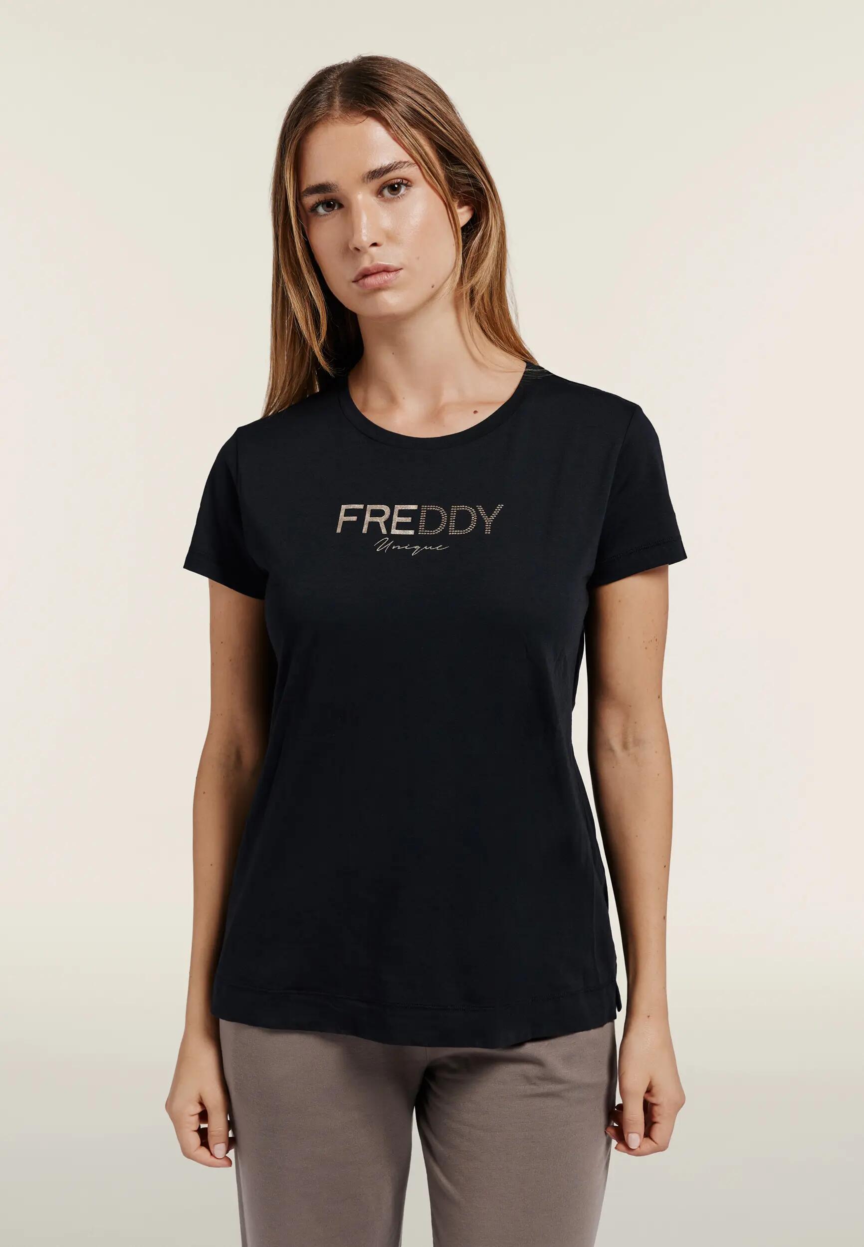 Regular dames T-shirt met goudkleurige logoprint en studs 2/6