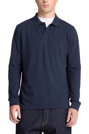 Polo - Sportswear - Homme - Manches longues, coupe regular, coton - Bleu marine