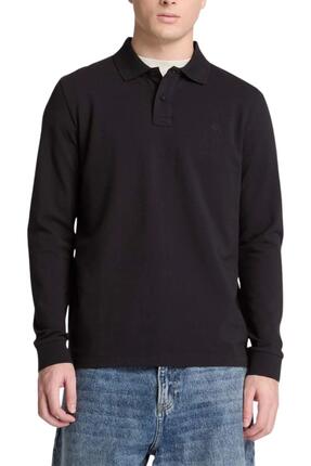 Polo - Sportswear - Homme - Manches longues, coupe regular, coton - Bleu marine