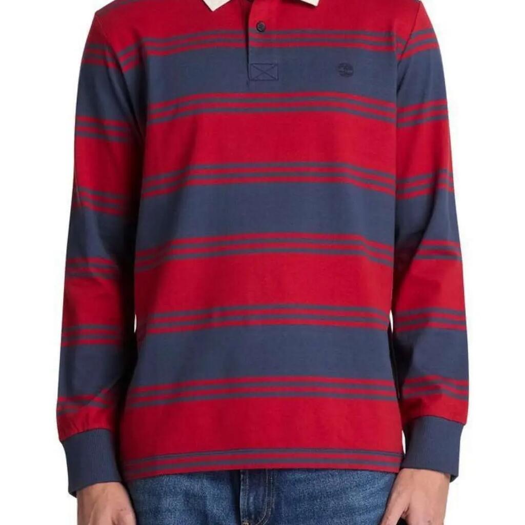 TIMBERLAND men's long-sleeve striped rugby polo, 100% cotton, regular fit