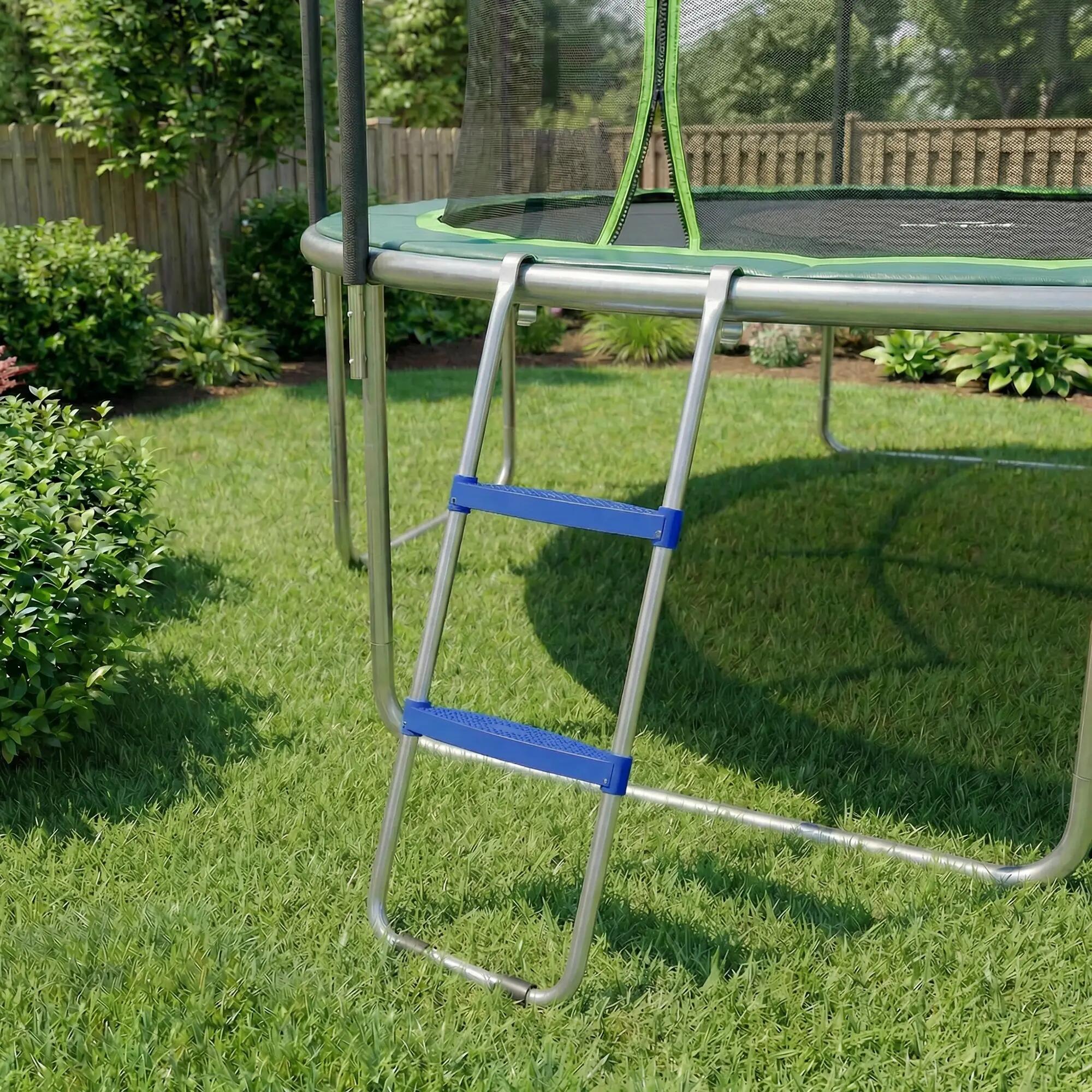 Échelle de Trampoline 2 Marches Larges avec Crochet Universel, Cadre en Acier Ga 9/9