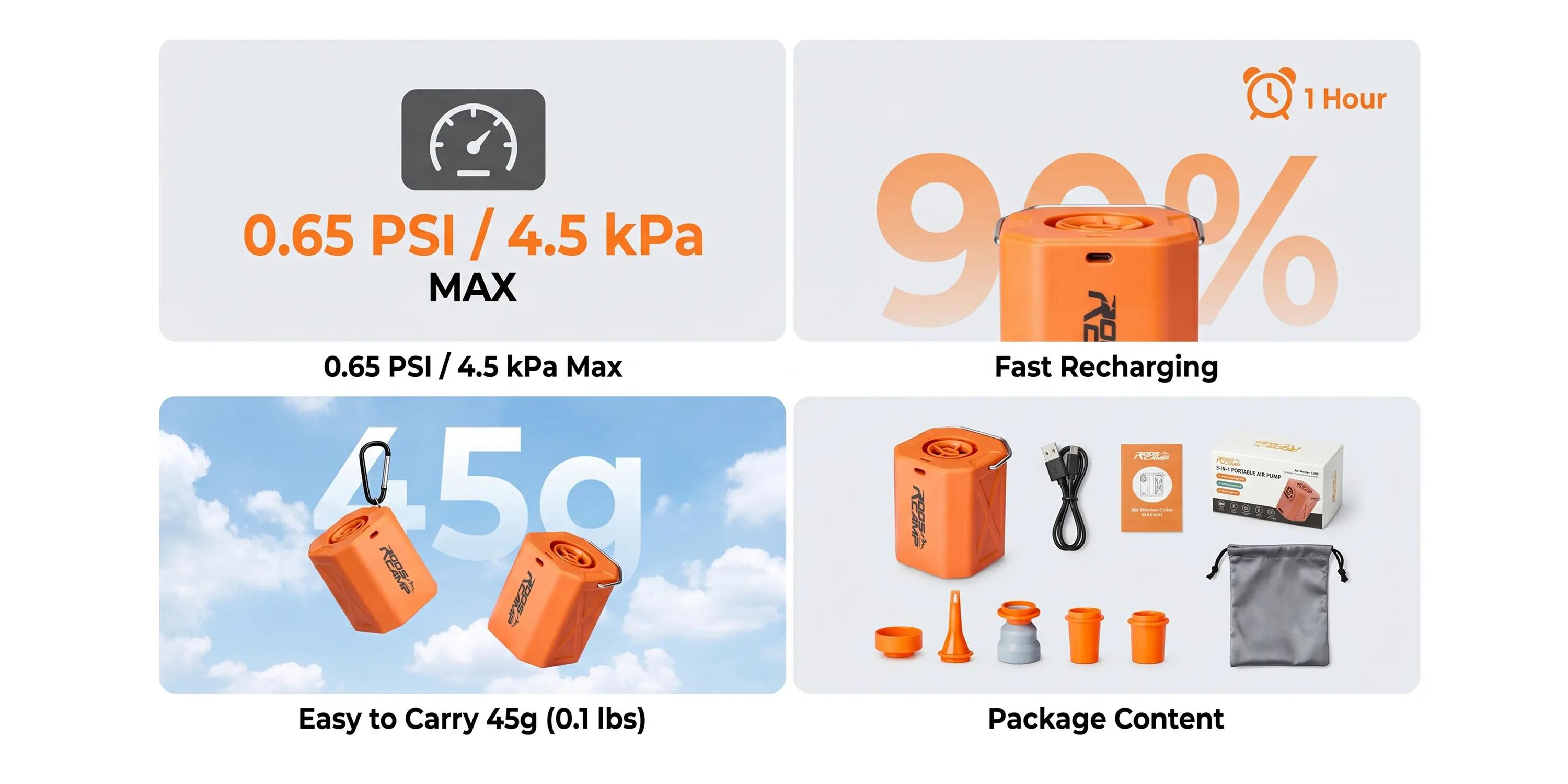 RoosCamp Air Master Cube – Pompe de camping électrique avec lampe LED – 4,5 kPa 8/15