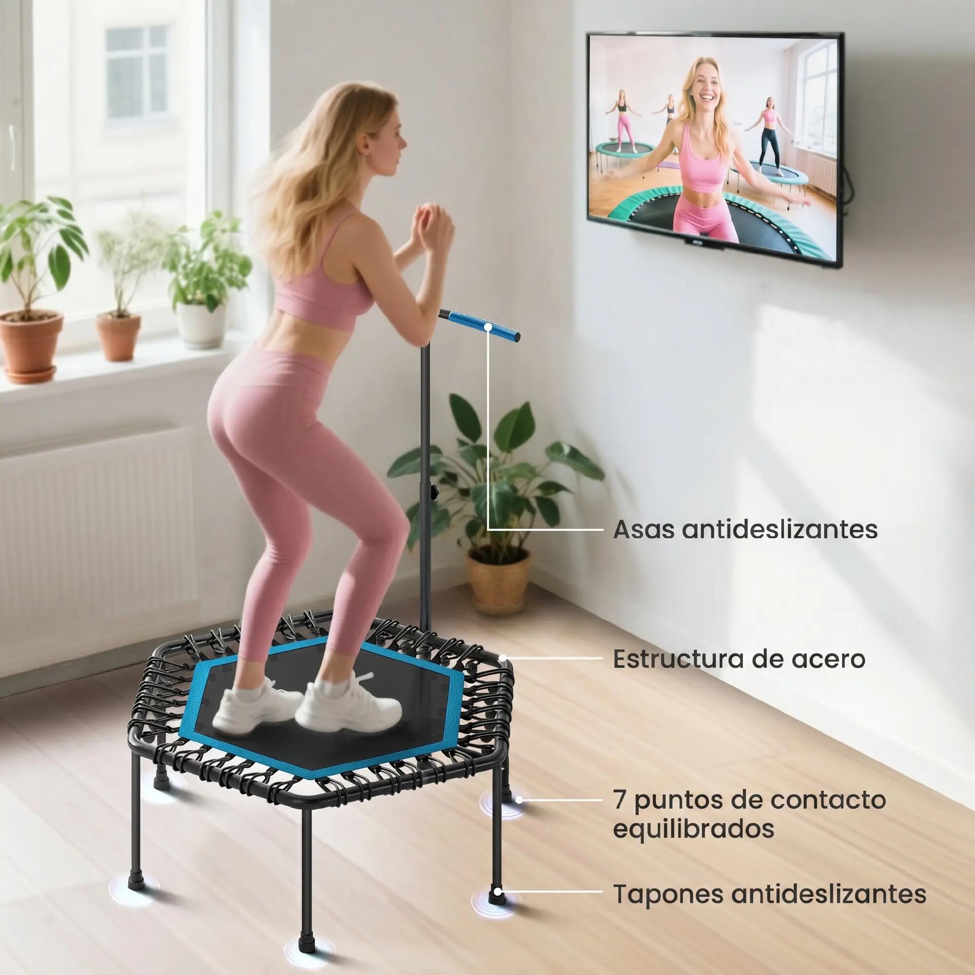 Trampoline de fitness 114 x 114 x 132 cm avec poignée réglable à 3 niveaux et ca 8/9