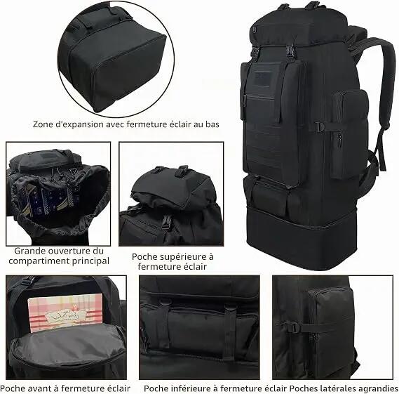Sac à dos de randonnée 100L, grand format, extensible, imperméable, de style mil 5/7
