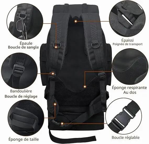 Sac à dos de randonnée 100L, grand format, extensible, imperméable, de style mil 4/7