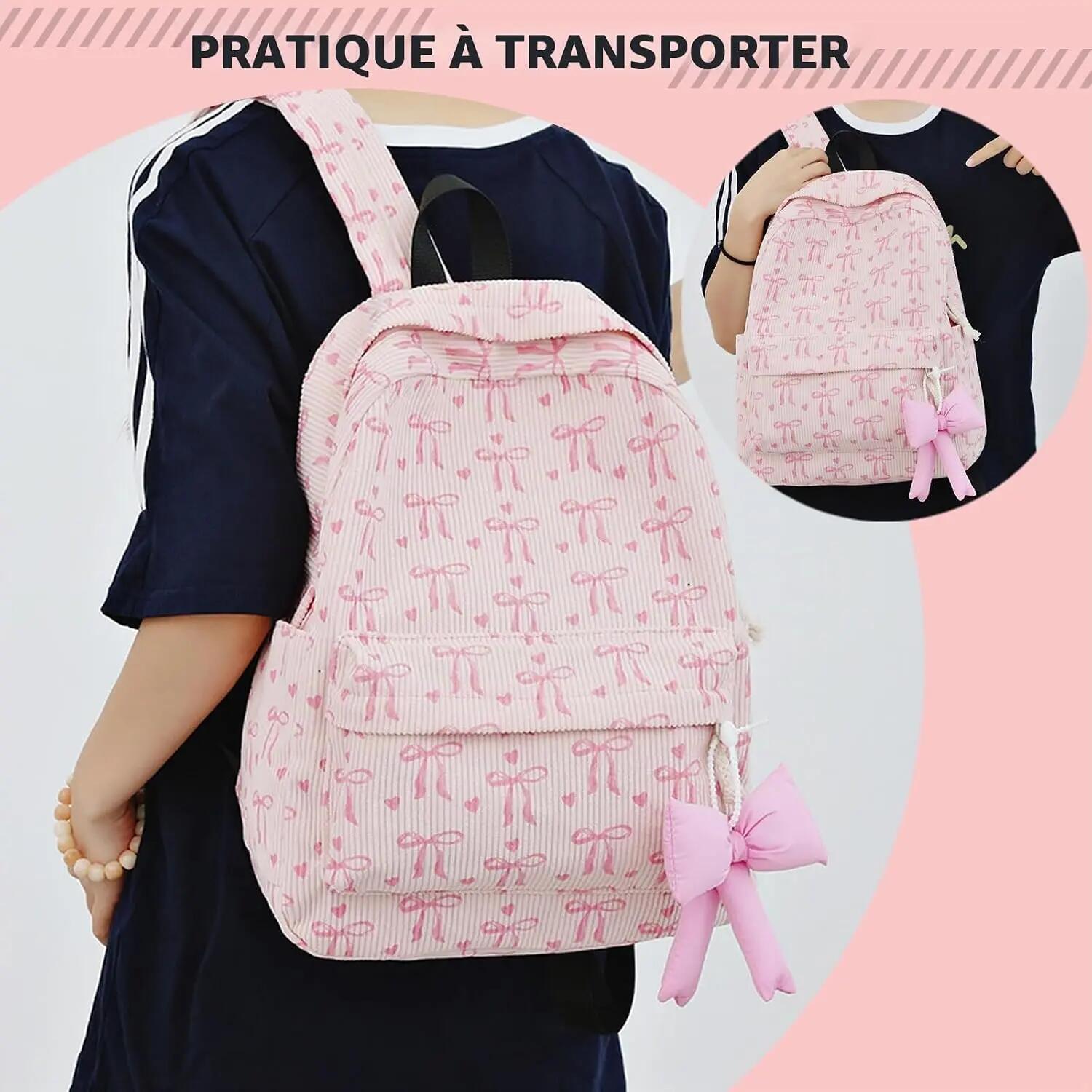 Sac à dos scolaire et de voyage léger et pratique, avec pendentif nœud papillon, 6/7