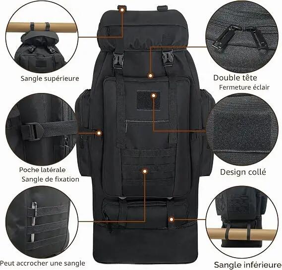 Sac à dos de randonnée 100L, grand format, extensible, imperméable, de style mil 3/7