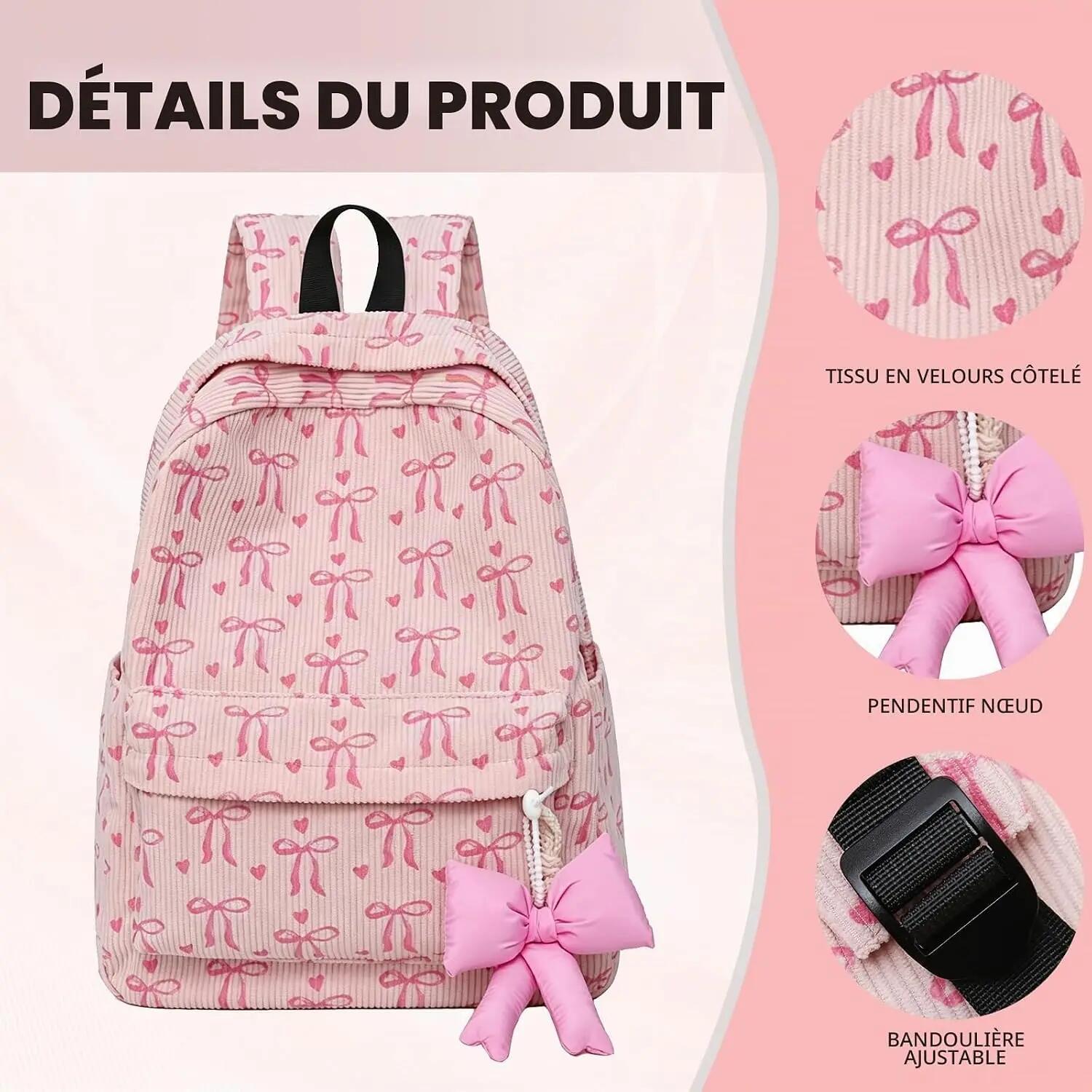 Sac à dos scolaire et de voyage léger et pratique, avec pendentif nœud papillon, 3/7