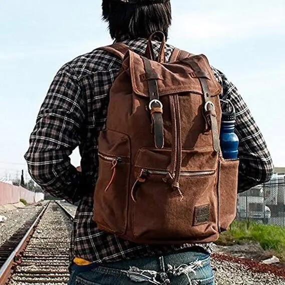 Sac à dos vintage unisexe en cuir et toile – Style décontracté, idéal pour les c 2/7