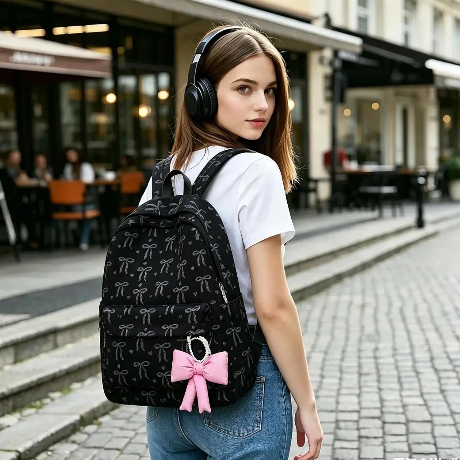 Sac à dos scolaire et de voyage léger et pratique, avec pendentif nœud papillon, 7/7
