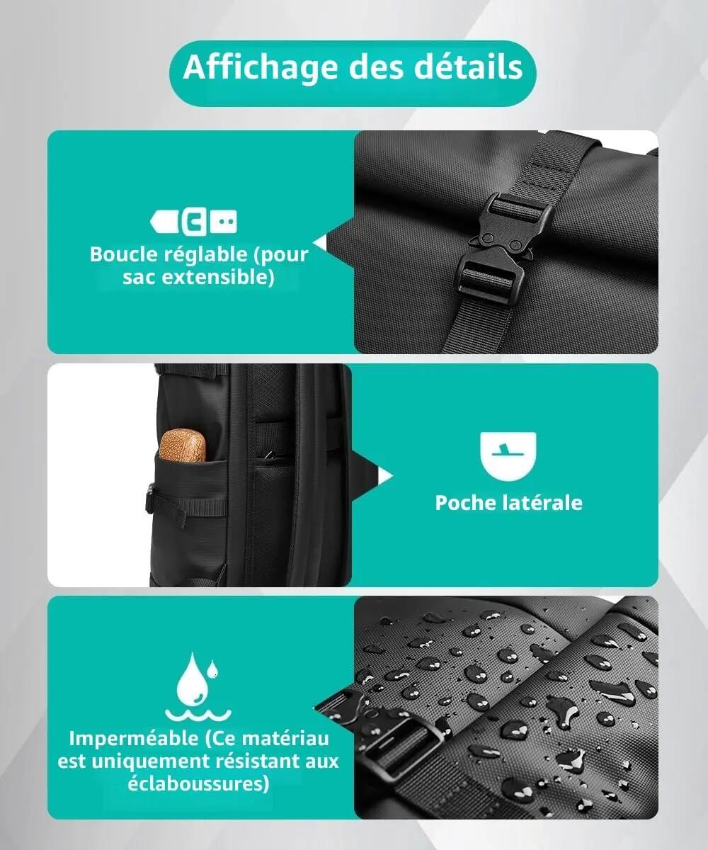 Sac à dos imperméable pour homme (33 L, extensible) pour ordinateur portable 15 6/7