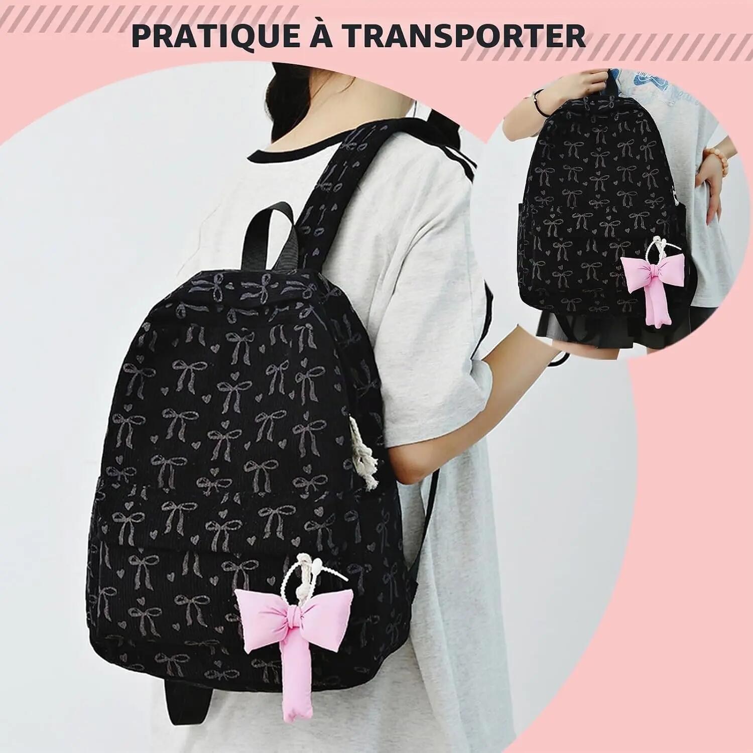 Sac à dos scolaire et de voyage léger et pratique, avec pendentif nœud papillon, 6/7
