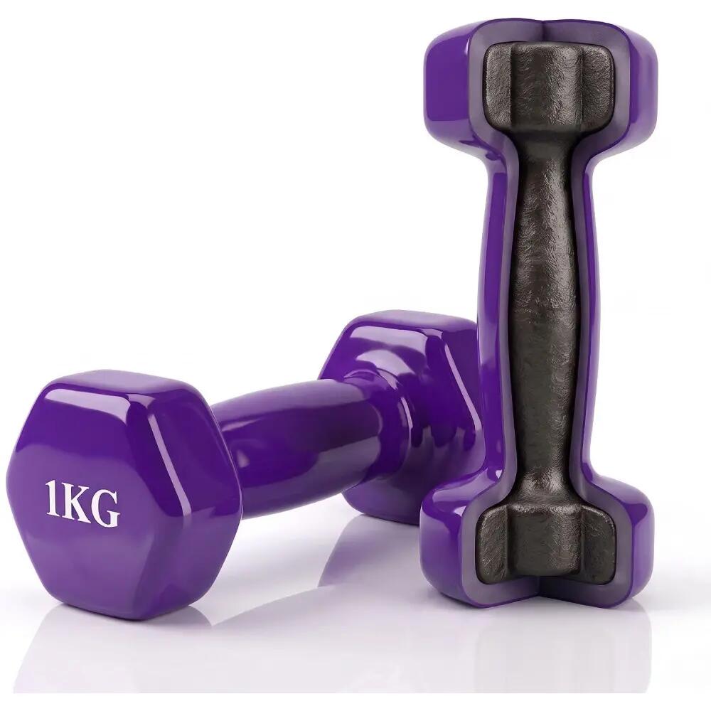 Set 2 Mancuernas de 1kg hecho de hierro recubierto de Vinilo Suave color morado 3/4