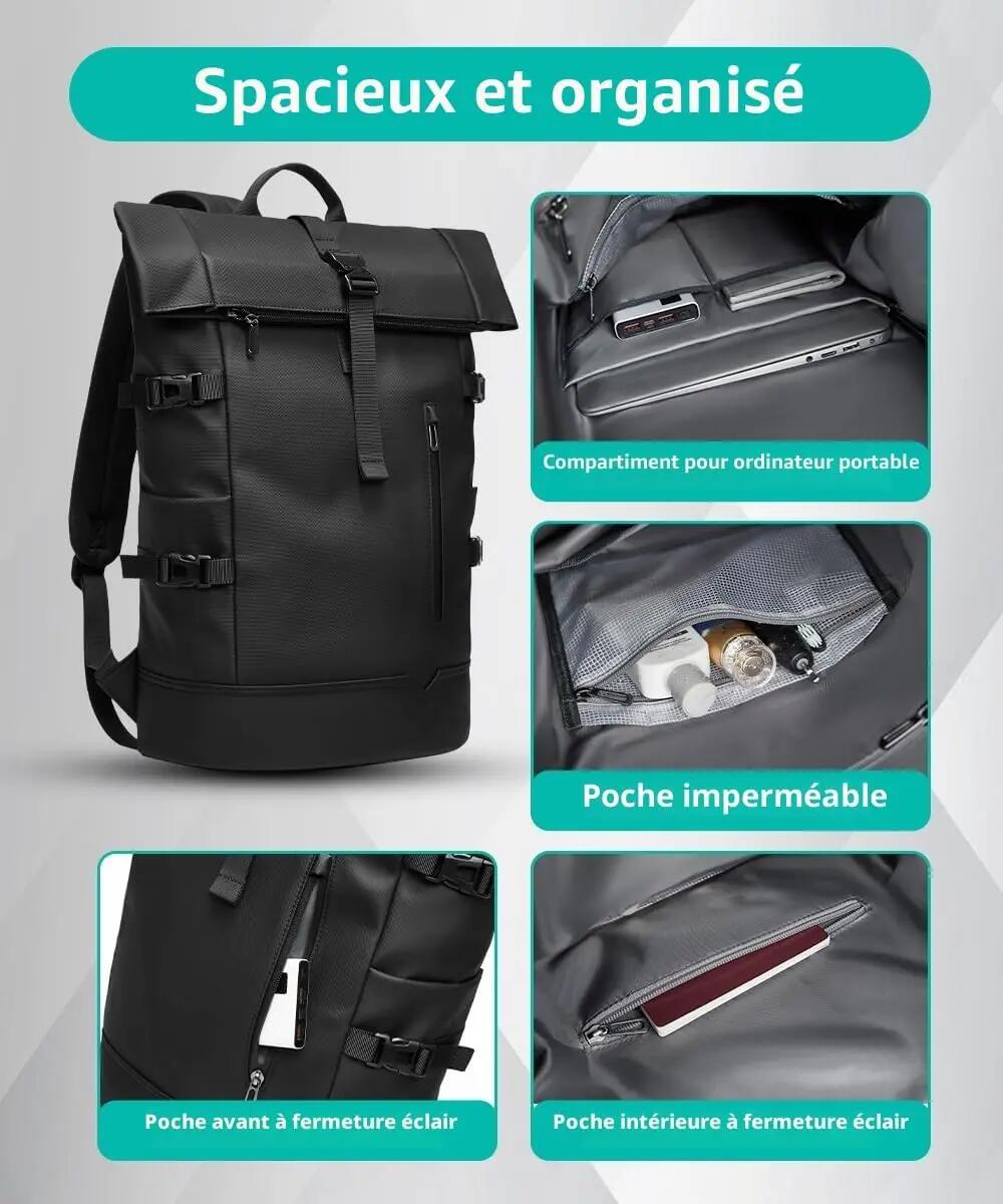 Sac à dos imperméable pour homme (33 L, extensible) pour ordinateur portable 15 4/7