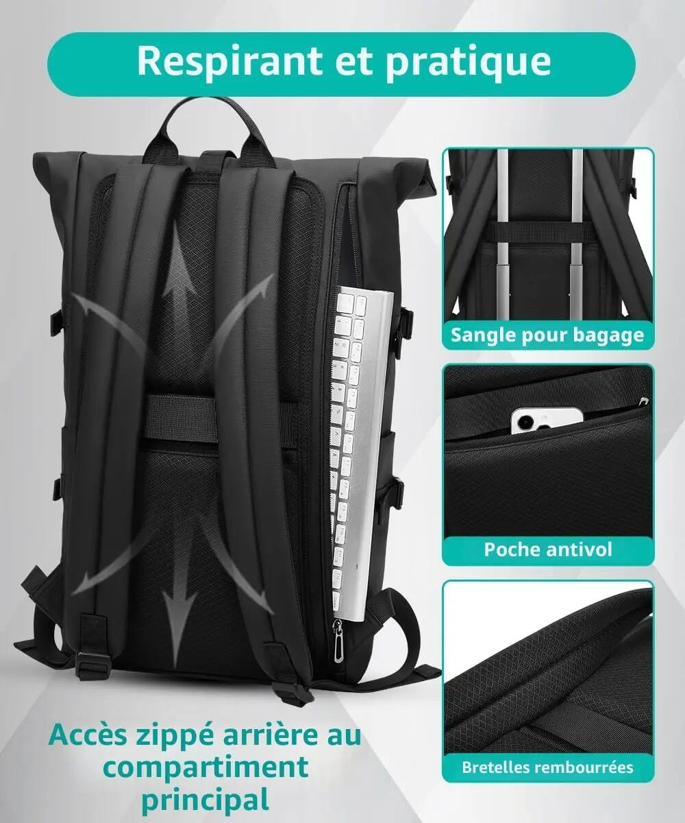 Sac à dos imperméable pour homme (33 L, extensible) pour ordinateur portable 15 3/7