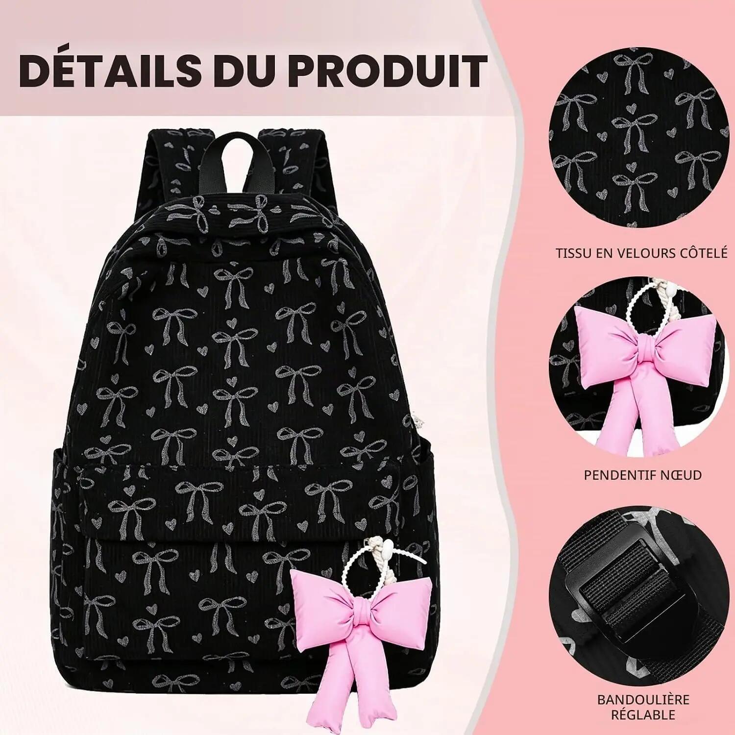 Sac à dos scolaire et de voyage léger et pratique, avec pendentif nœud papillon, 3/7
