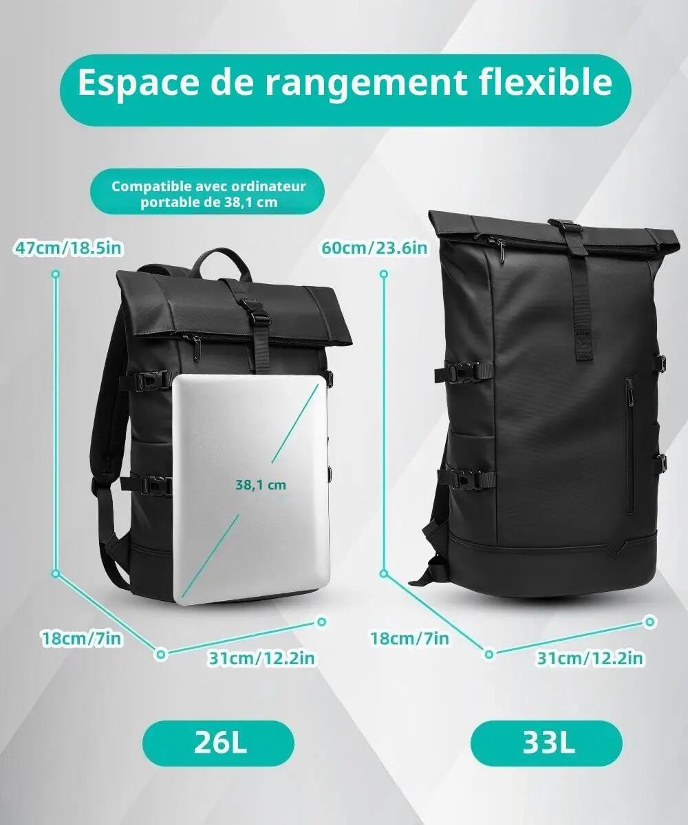 Sac à dos imperméable pour homme (33 L, extensible) pour ordinateur portable 15 2/7