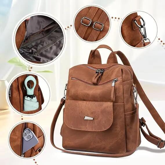 Sac à dos pour femme en similicuir (PU) – Élégant, léger et antivol – Modèle 2-e 2/7