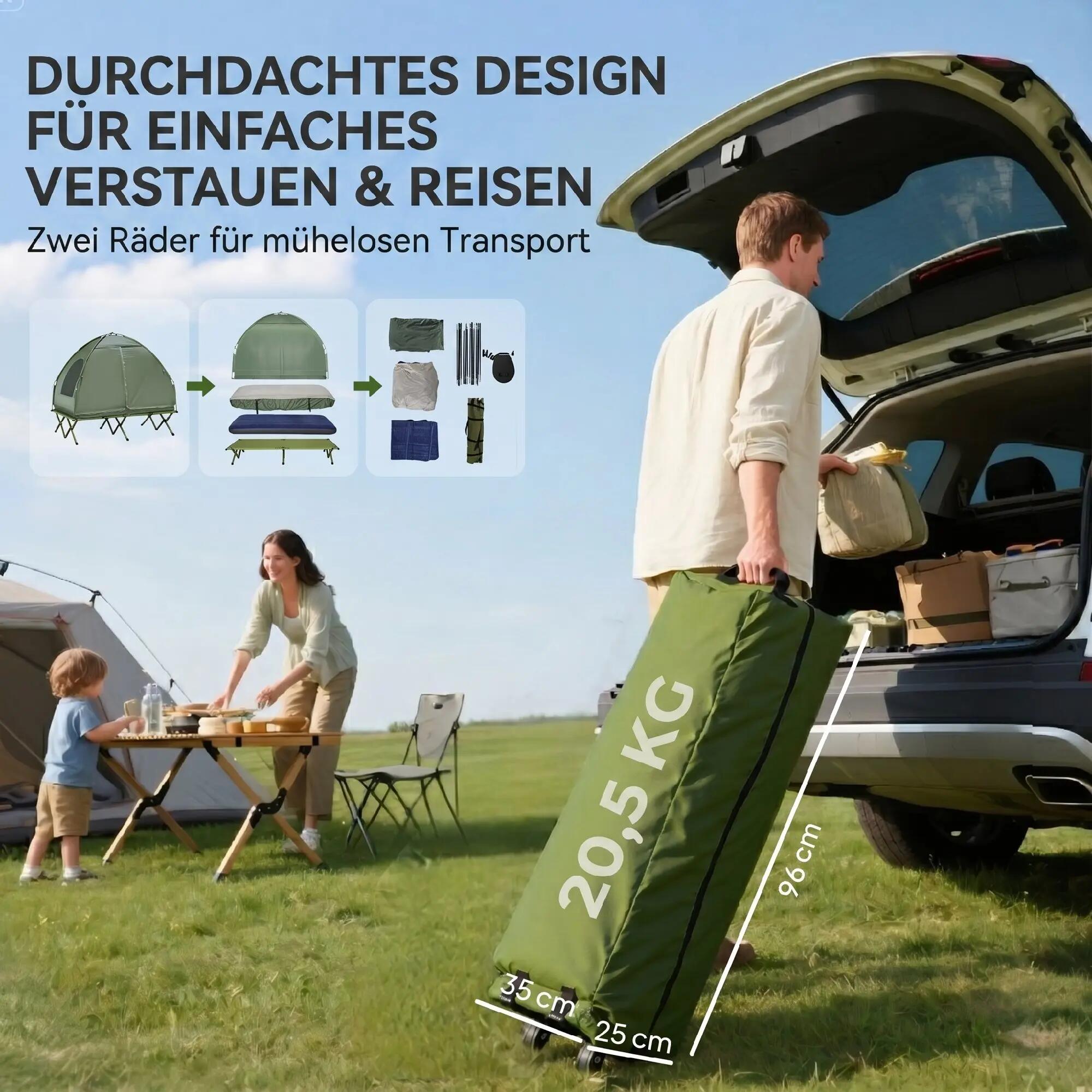 Ensemble tente de camping pour 2 personnes avec lit de camp et matelas gonflable 8/9