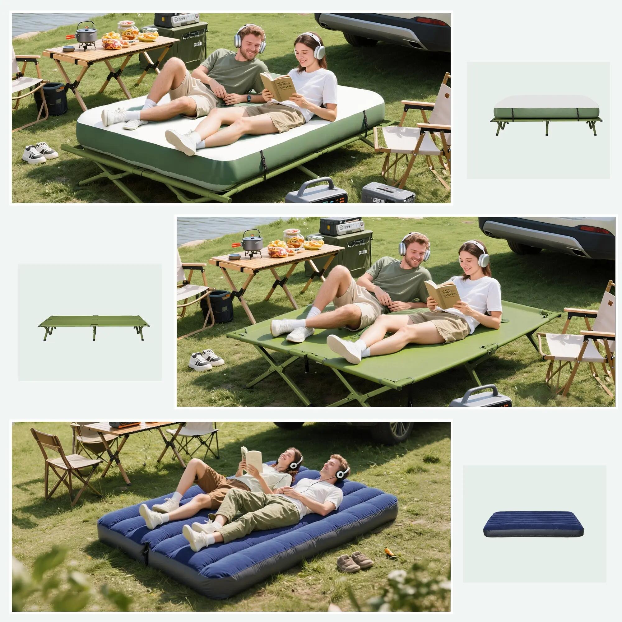 Ensemble tente de camping pour 2 personnes avec lit de camp et matelas gonflable 7/9