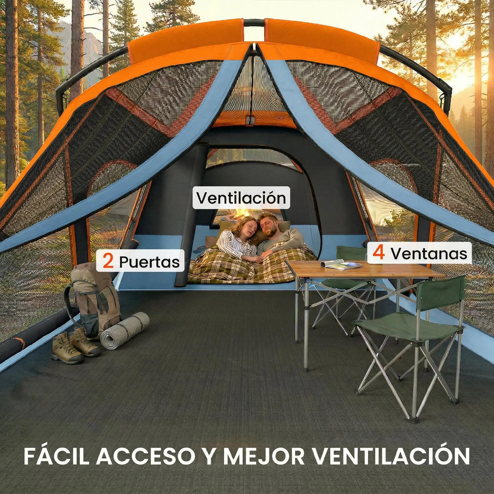 Tente tunnel familiale pour 4 personnes avec 2 pièces, portes, puits de lumière, 8/9