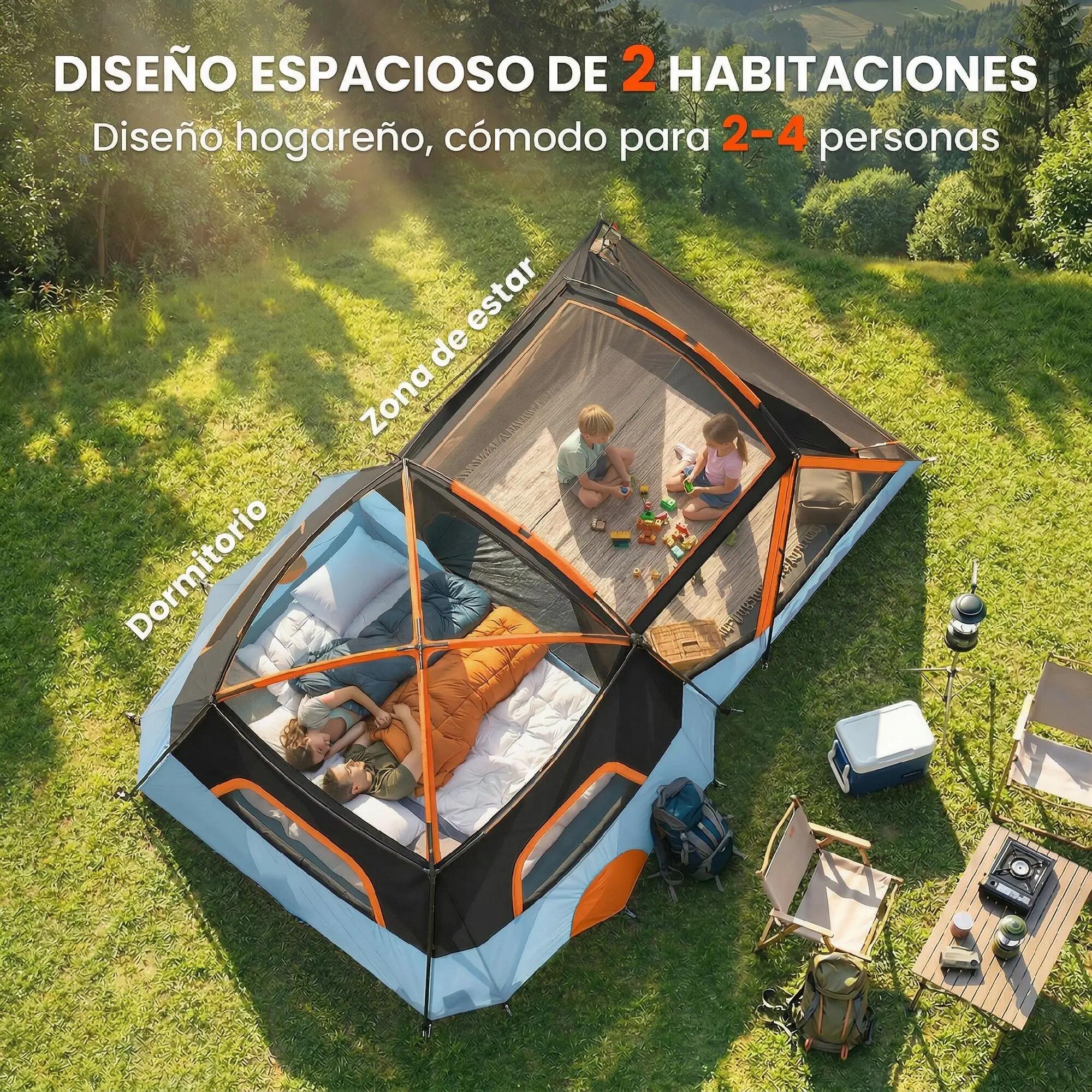 Tente tunnel familiale pour 4 personnes avec 2 pièces, portes, puits de lumière, 6/9