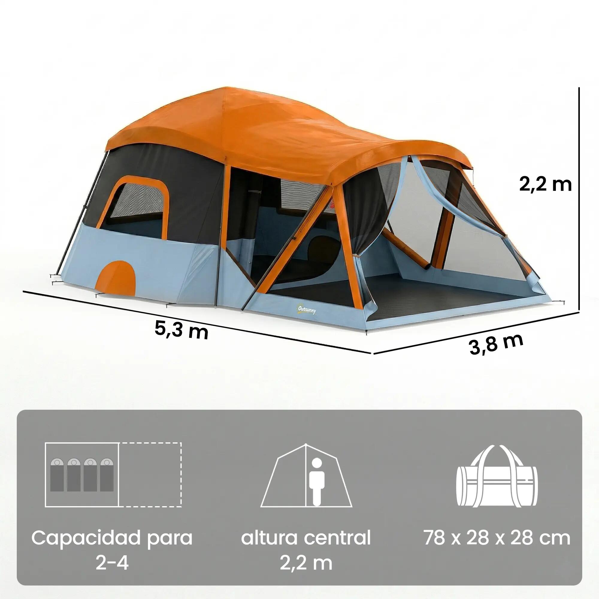 Tente tunnel familiale pour 4 personnes avec 2 pièces, portes, puits de lumière, 5/9