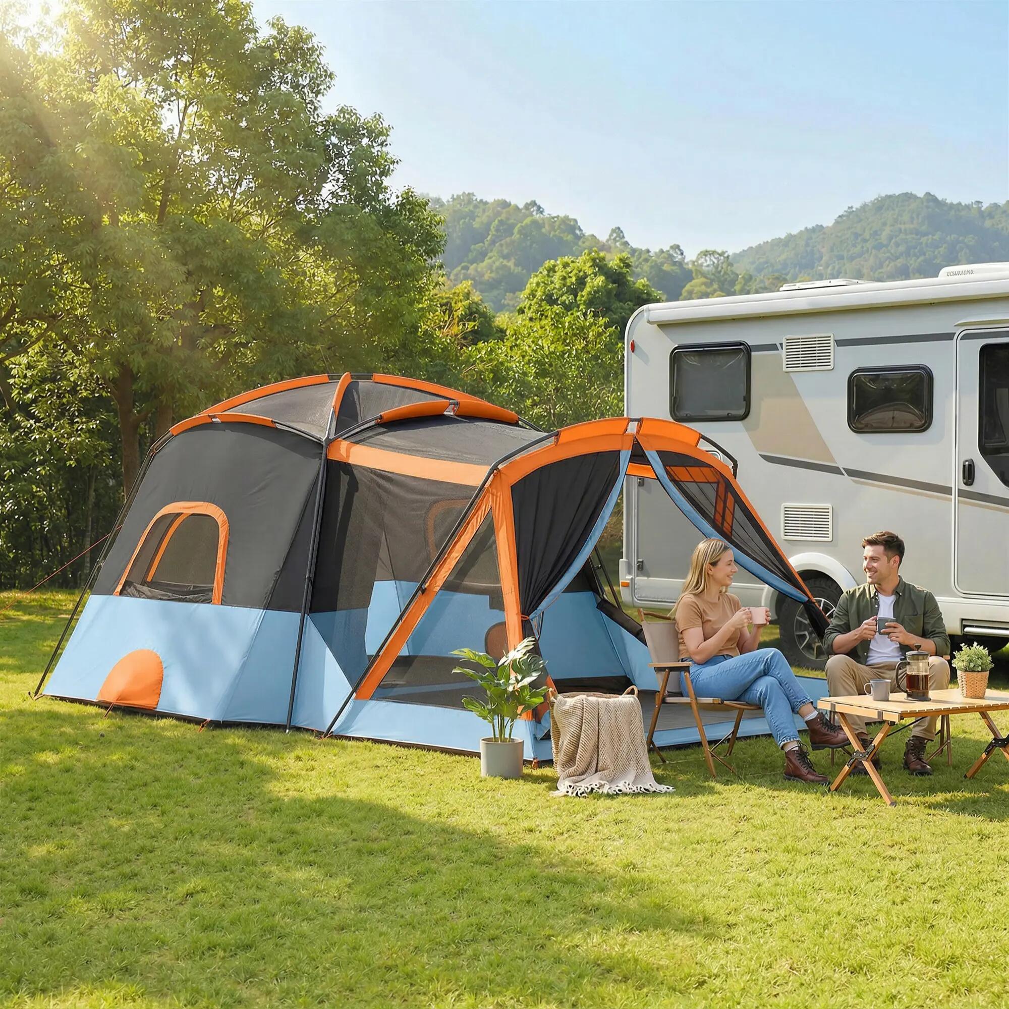 Tente tunnel familiale pour 4 personnes avec 2 pièces, portes, puits de lumière, 4/9