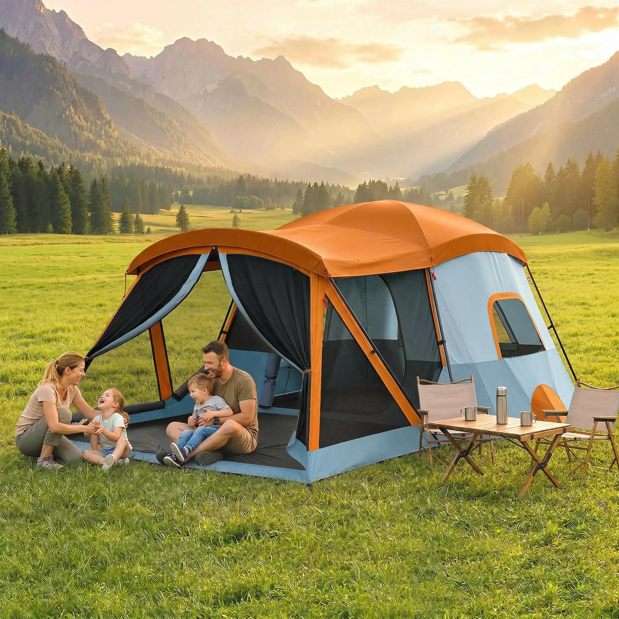 Tente tunnel familiale pour 4 personnes avec 2 pièces, portes, puits de lumière, 3/9