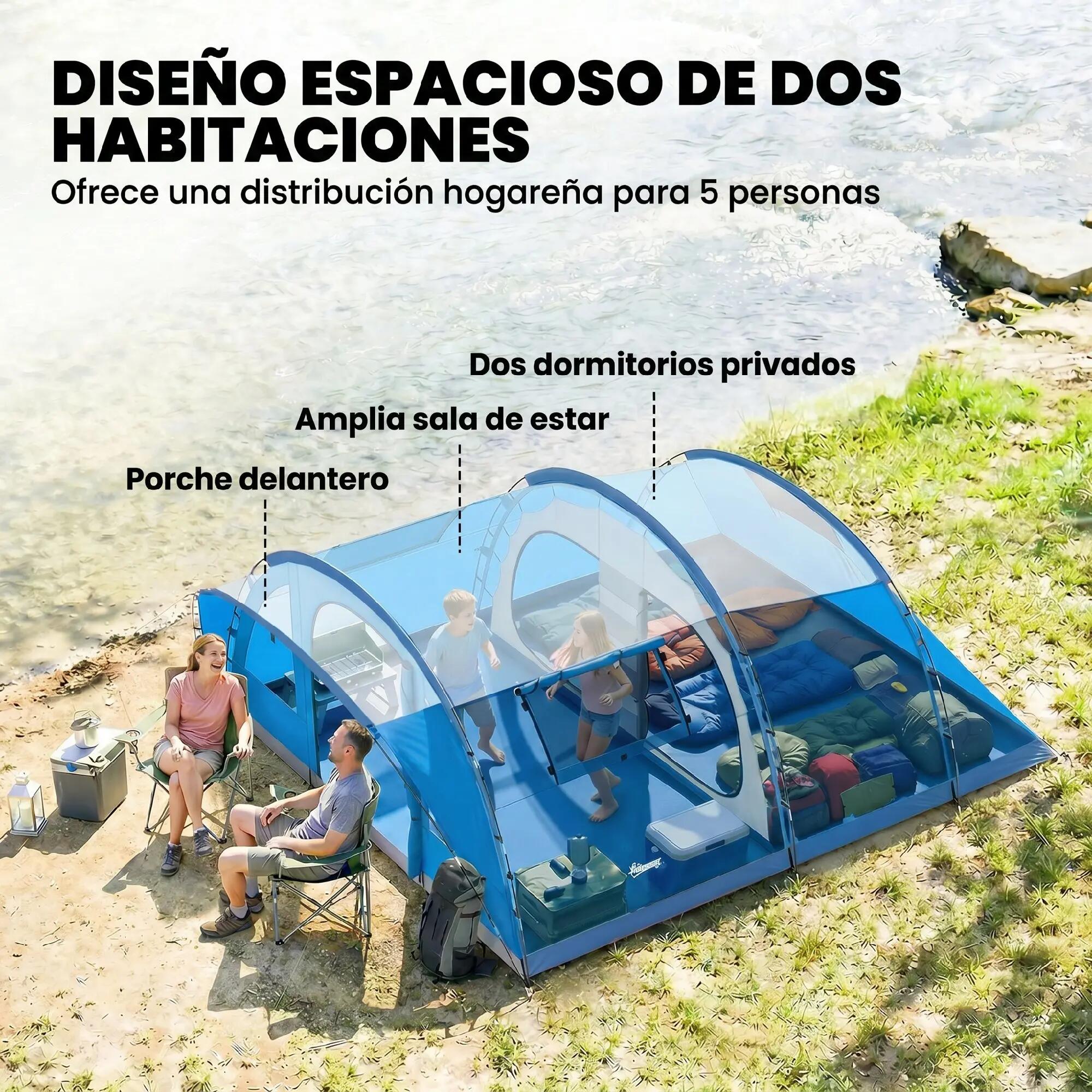 Tente tunnel familiale 5 personnes 3 pièces porte 4 fenêtres imperméable 6/6