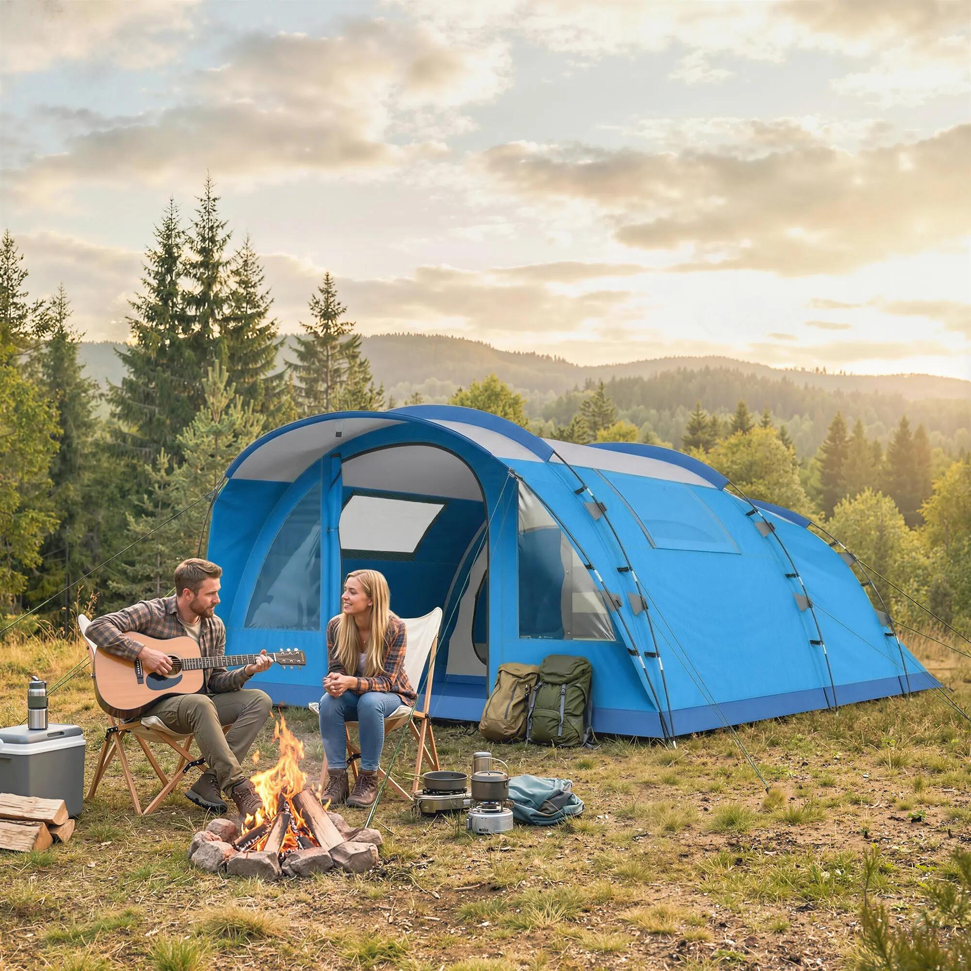 Tente tunnel familiale 5 personnes 3 pièces porte 4 fenêtres imperméable 4/6