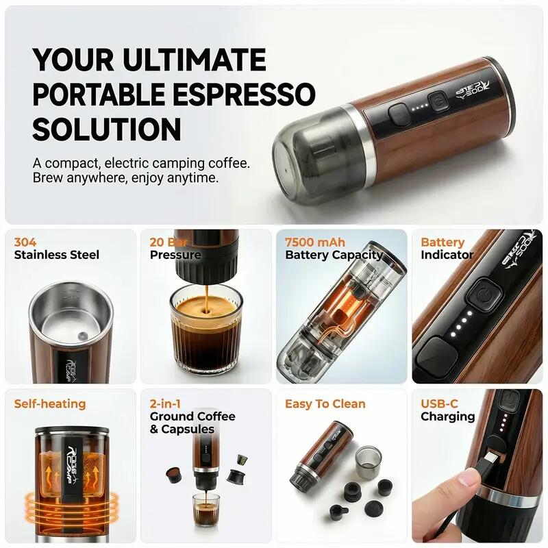 RoosCamp Machine à Expresso Portable 20 Bars – Capsules & Café Moulu, 12 V 4/10