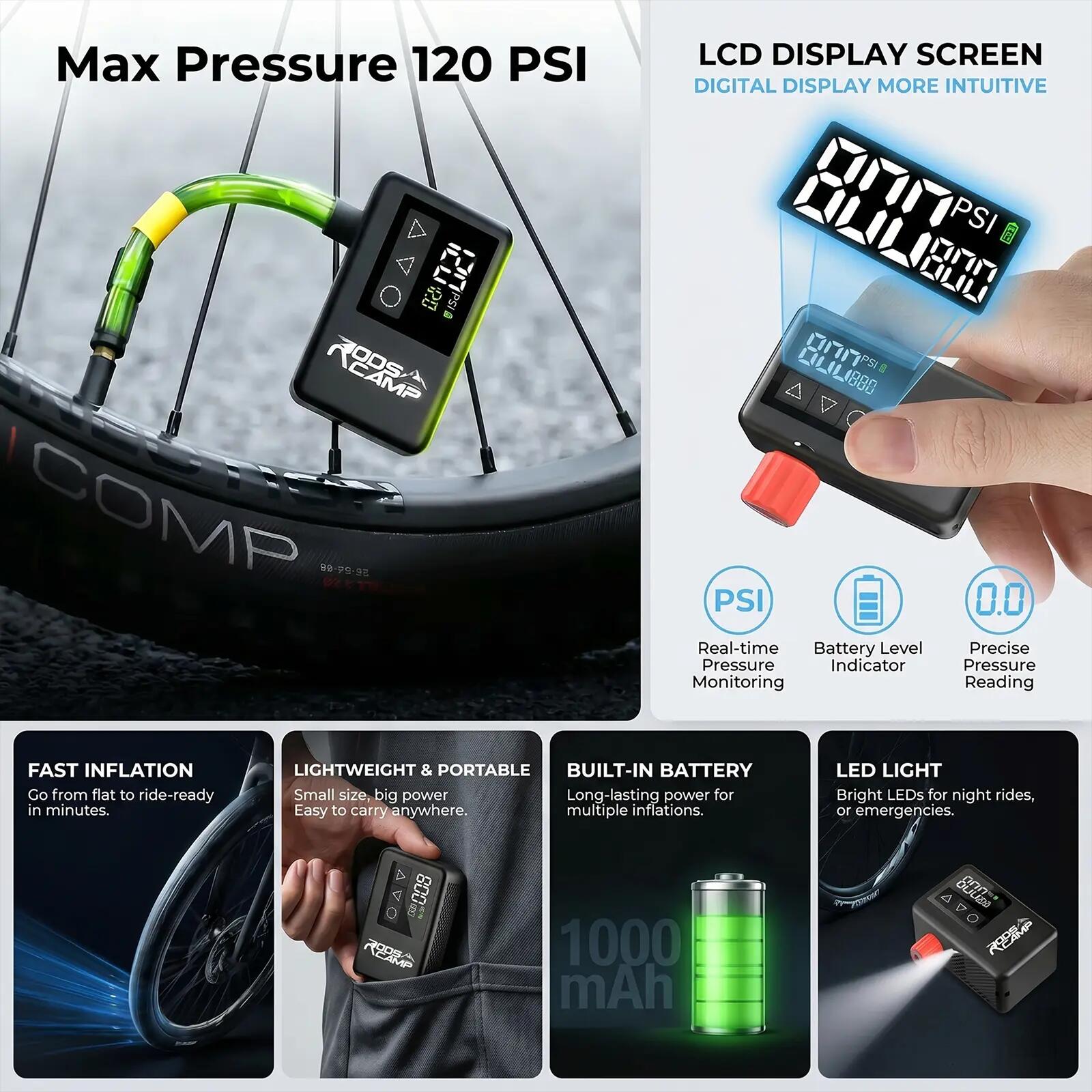 RoosCamp Pompe à Vélo Électrique 120 PSI – Écran LCD & Lampe LED 9/11