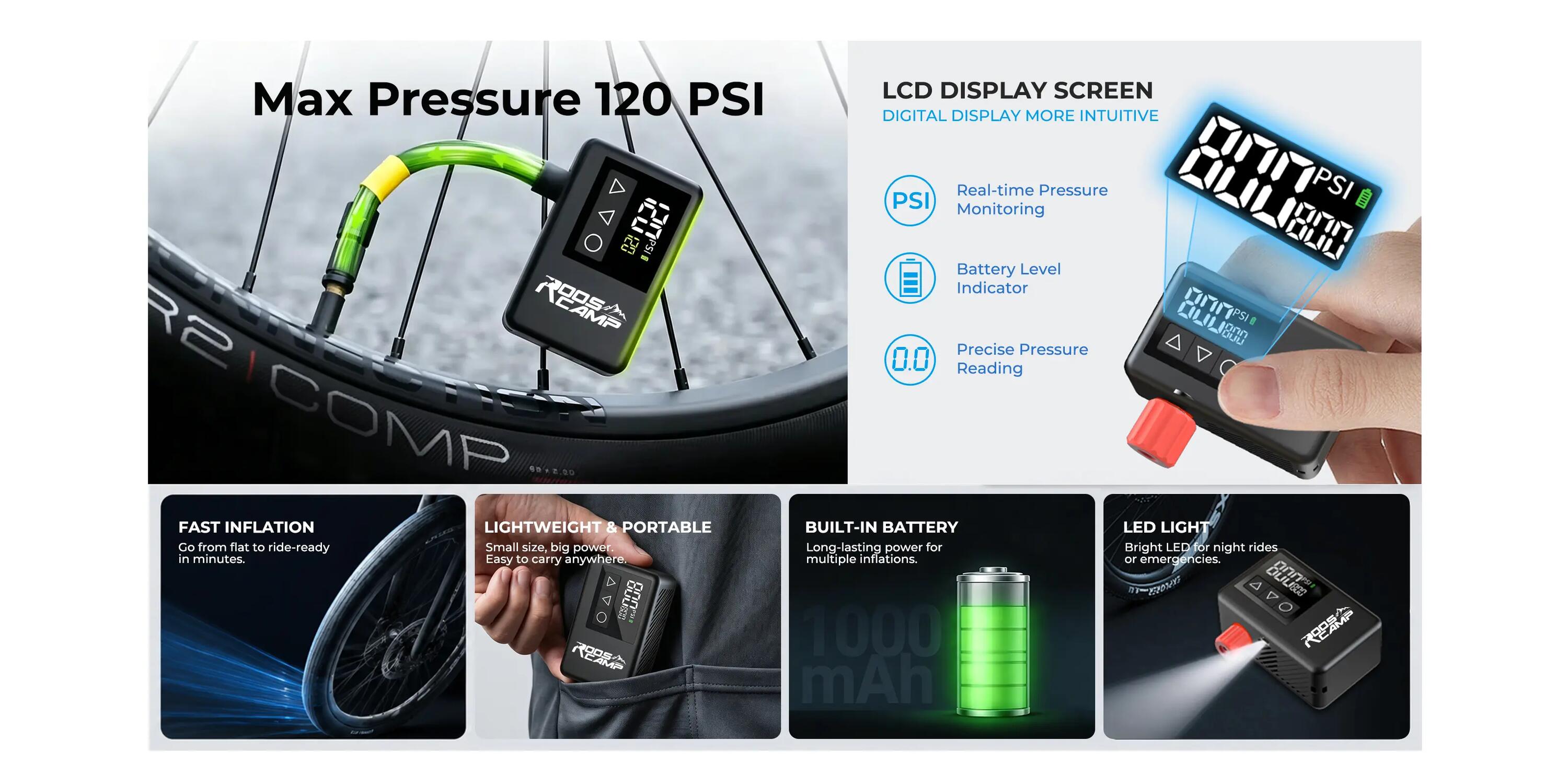 RoosCamp Pompe à Vélo Électrique 120 PSI – Écran LCD & Lampe LED 3/11