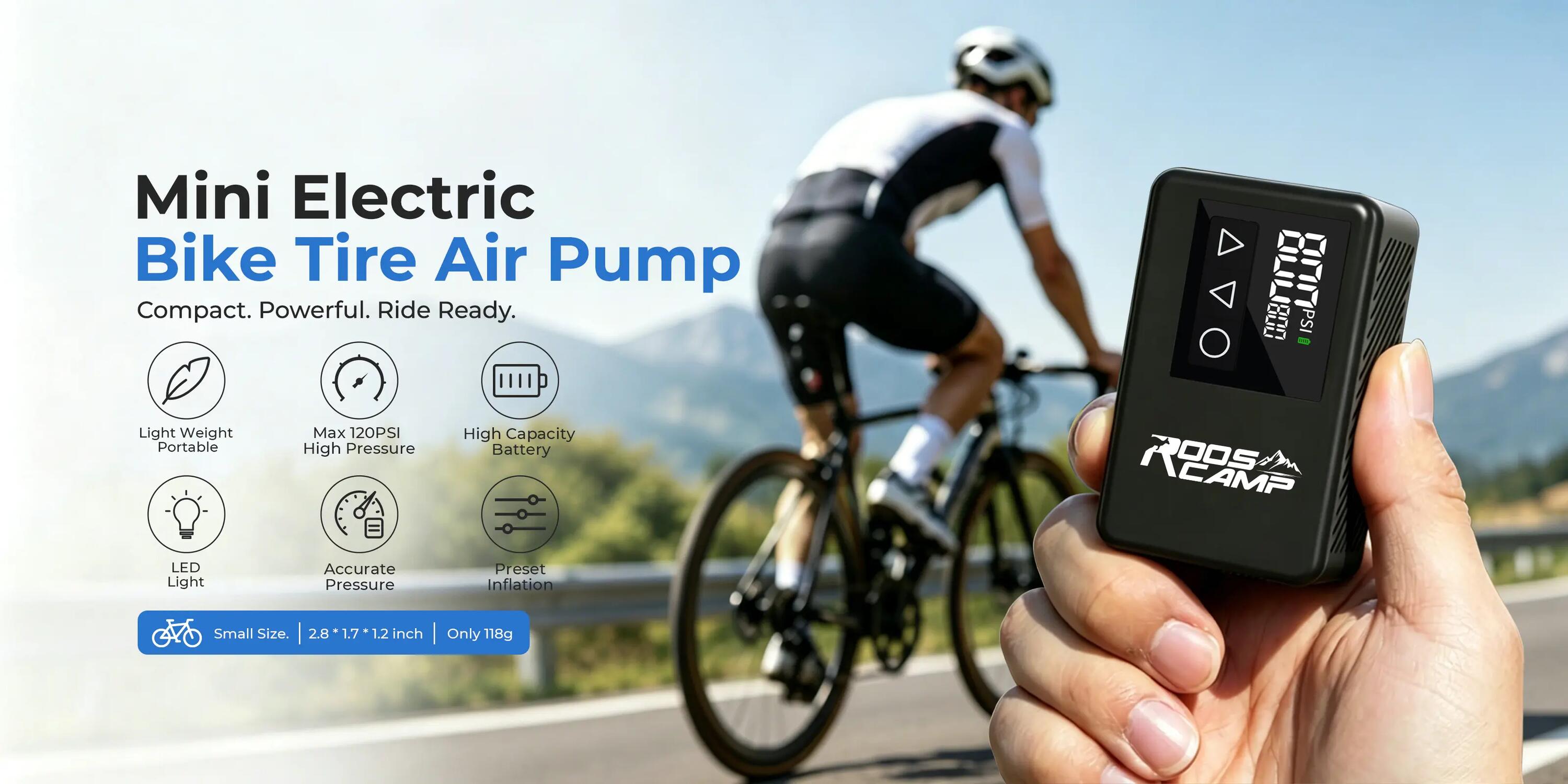 RoosCamp Pompe à Vélo Électrique 120 PSI – Écran LCD & Lampe LED 2/11