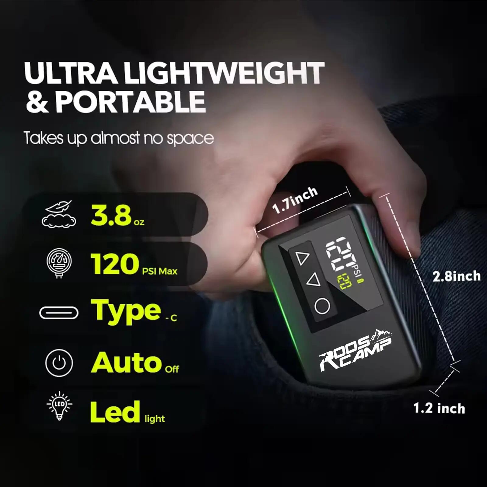 RoosCamp Pompe à Vélo Électrique 120 PSI – Écran LCD & Lampe LED 10/11