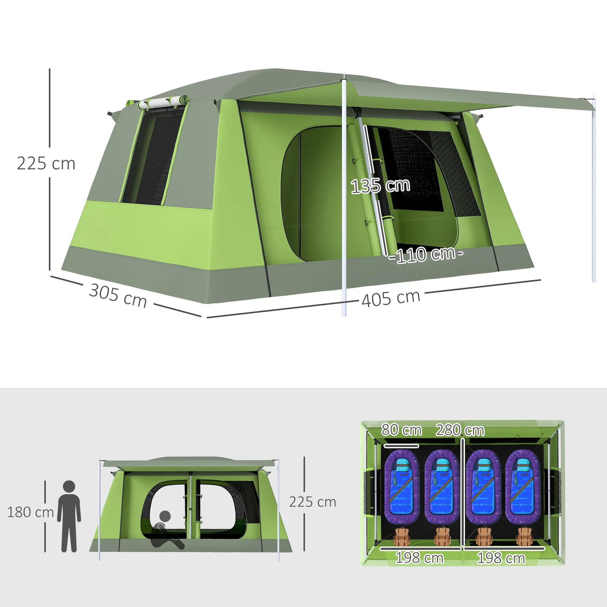 Tente camping 4 personnes moustiquaire sac UV 405x305x225cm verte 5/6